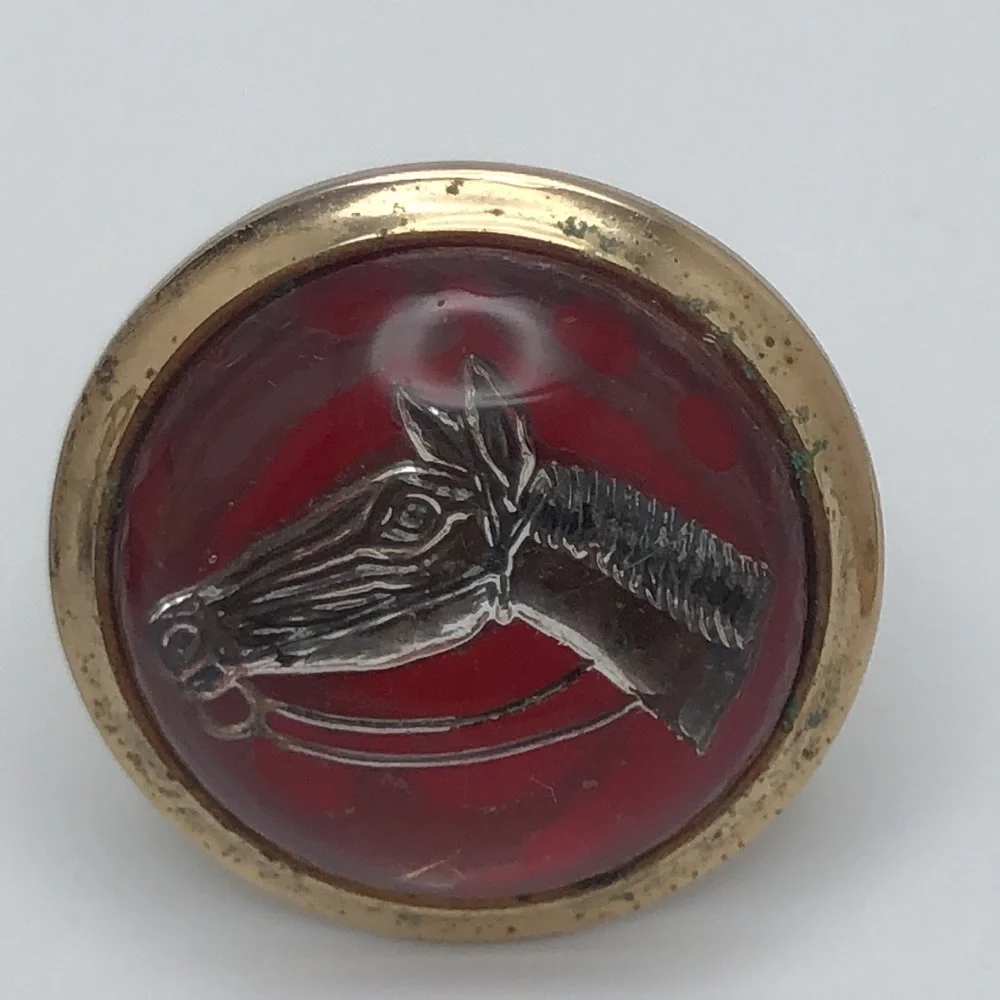 VTG Horse Head Cuff Links Equestrian Theme Reverse Painted Horse Racing Jewelry